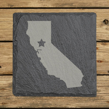 California square slate coaster engraved with the state shape and a star