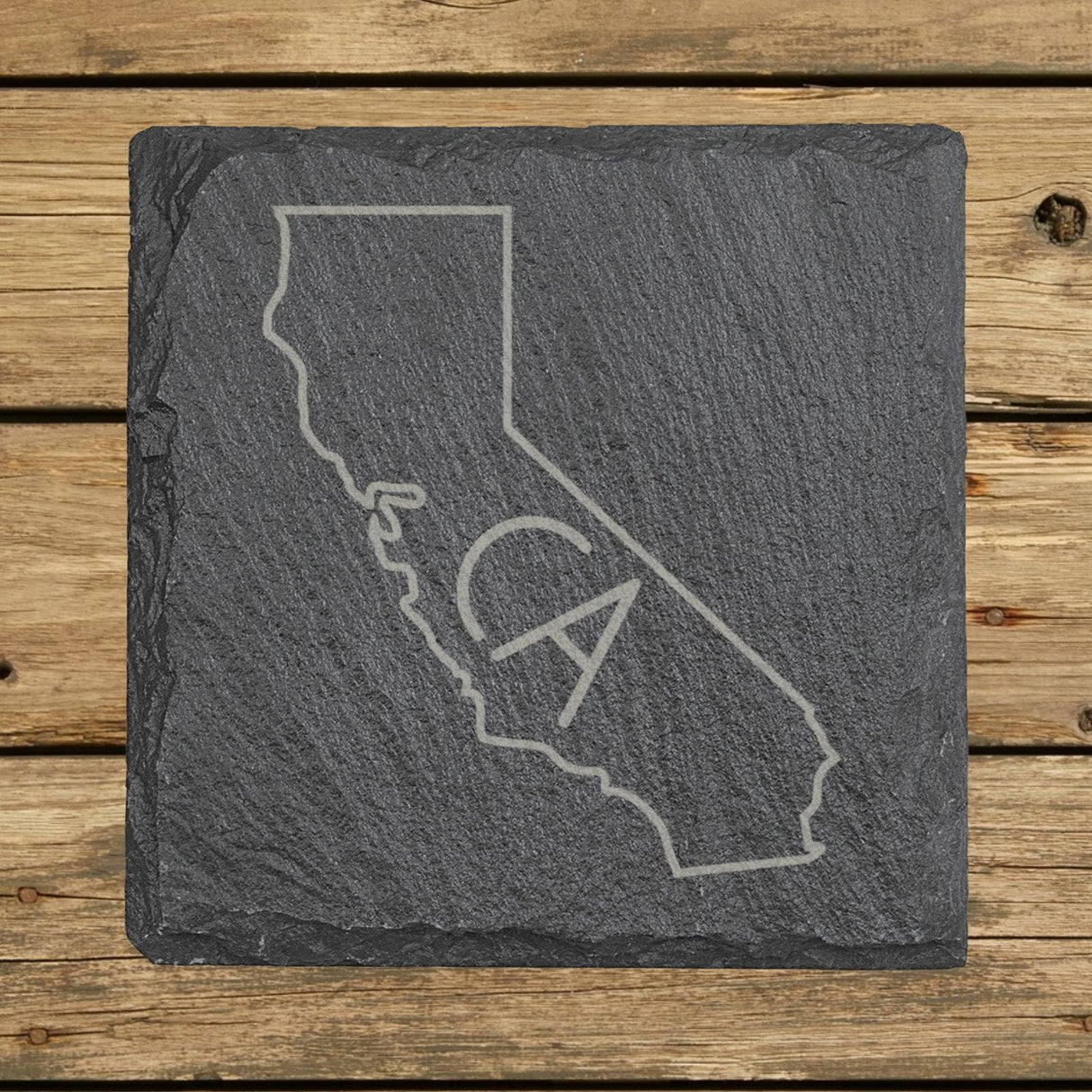 California square slate coaster engraved with the state outline and CA initials