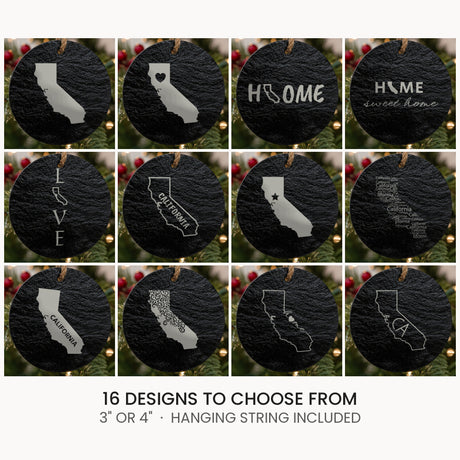 California slate Christmas ornament, laser engraved natural stone