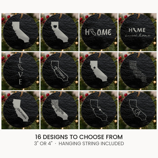 California slate Christmas ornament, laser engraved natural stone