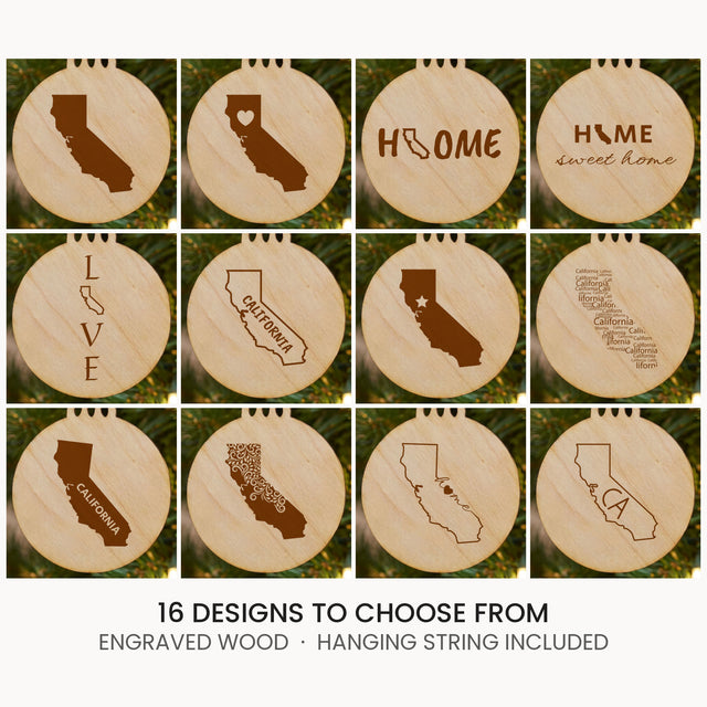 California wood Christmas ornament, laser engraved natural wood