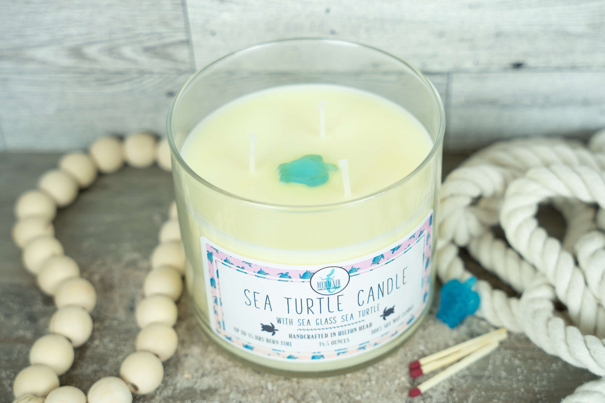Sea Turtle Candle with Sea Glass Sea Turtle