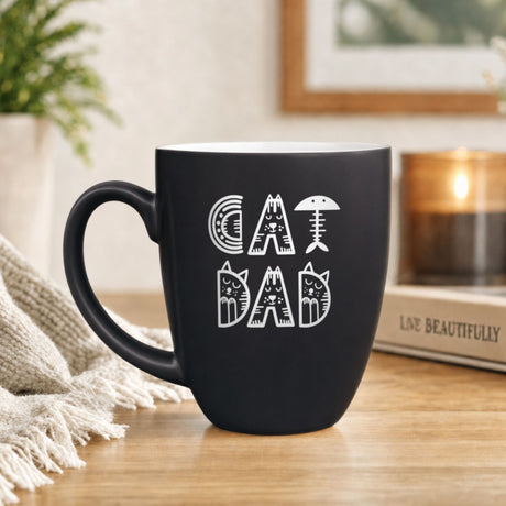 16 oz black ceramic coffee mug with "Cat Dad (Illustrated)"