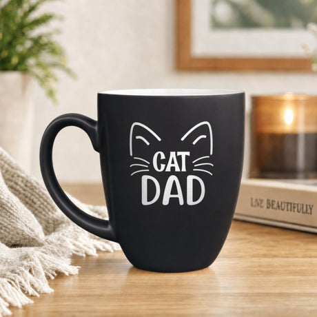16 oz black ceramic coffee mug with "Cat Dad (Whiskers)"