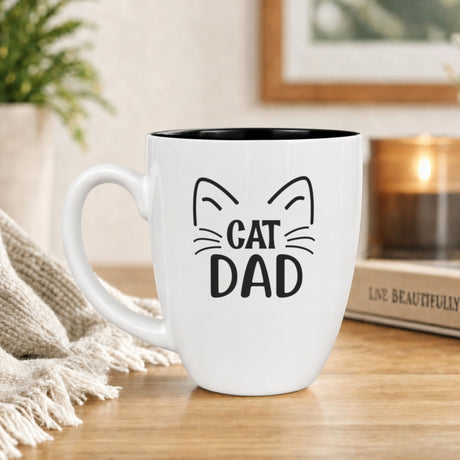 16 oz white ceramic coffee mug with "Cat Dad (Whiskers)"