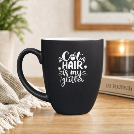 16 oz black ceramic coffee mug with "Cat Hair Is My Glitter"