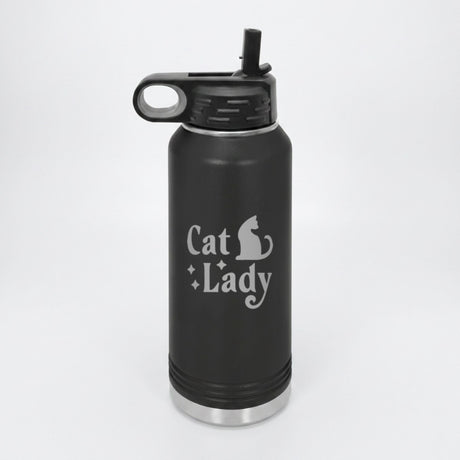 Black 32 oz insulated water bottle laser engraved with "Cat Lady"