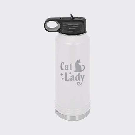 White 32 oz insulated water bottle laser engraved with "Cat Lady"