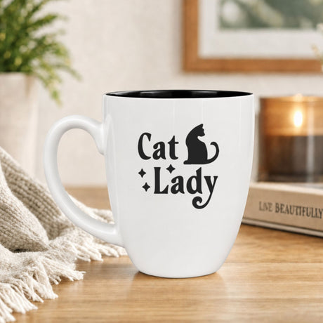 16 oz white ceramic coffee mug with "Cat Lady"