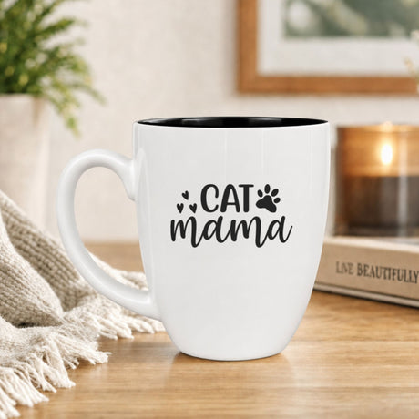16 oz white ceramic coffee mug with "Cat Mama"