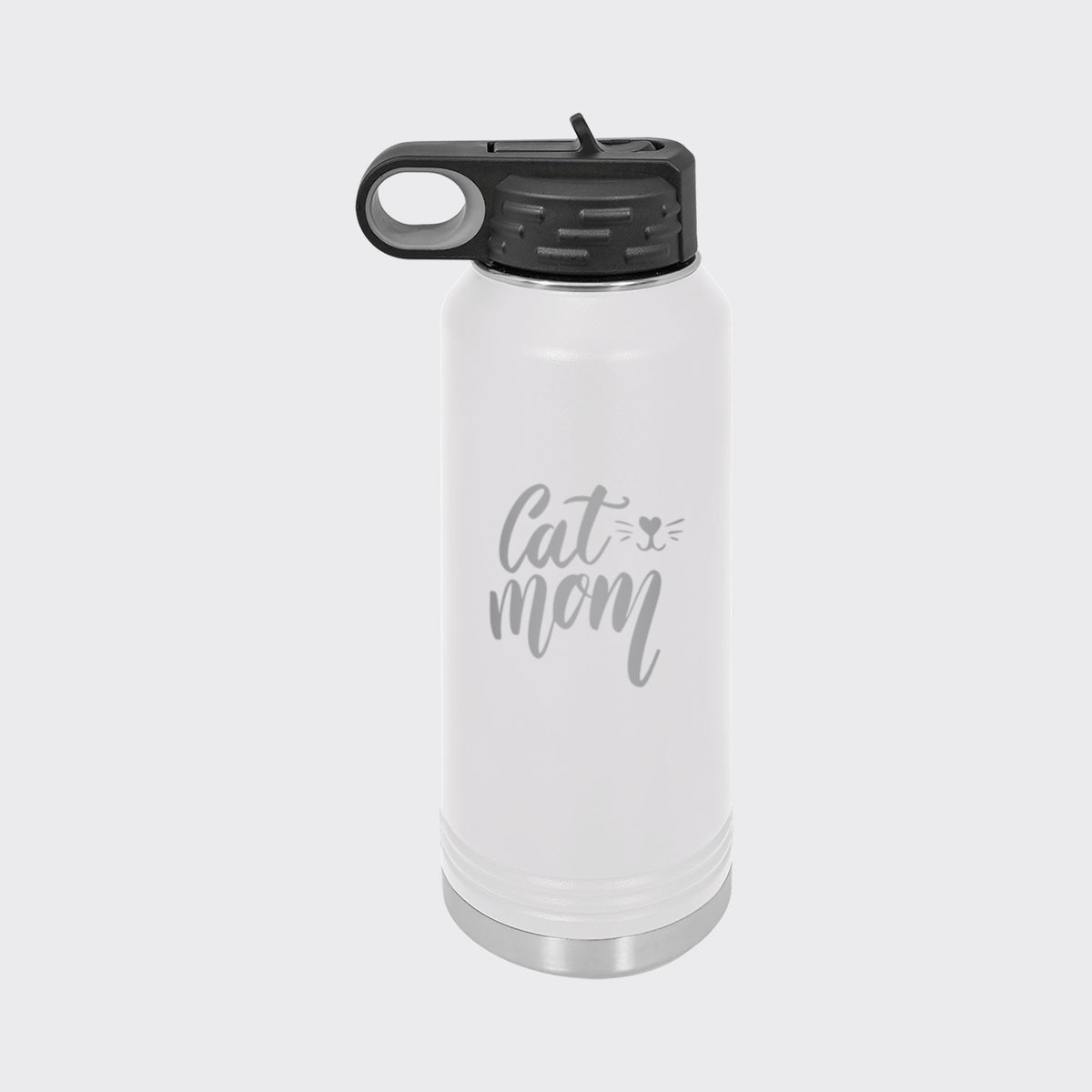White 32 oz insulated water bottle laser engraved with "Cat Mom"