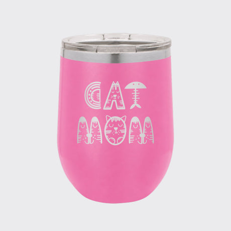 Pink 12 oz stemless wine tumbler laser engraved with "Cat Mom"