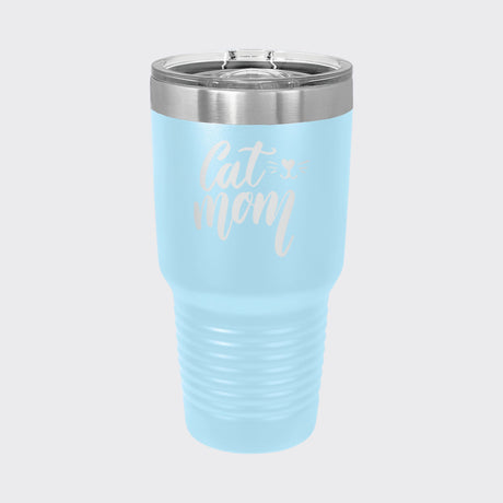 Light Blue 30 oz tumbler laser engraved with "Cat Mom"