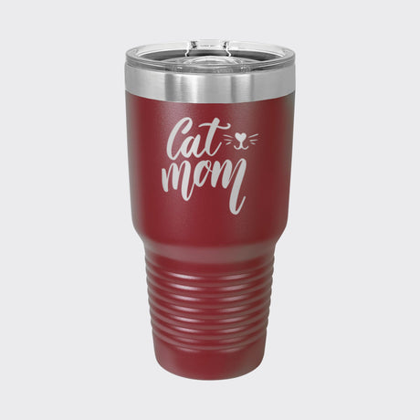 Maroon 30 oz tumbler laser engraved with "Cat Mom"