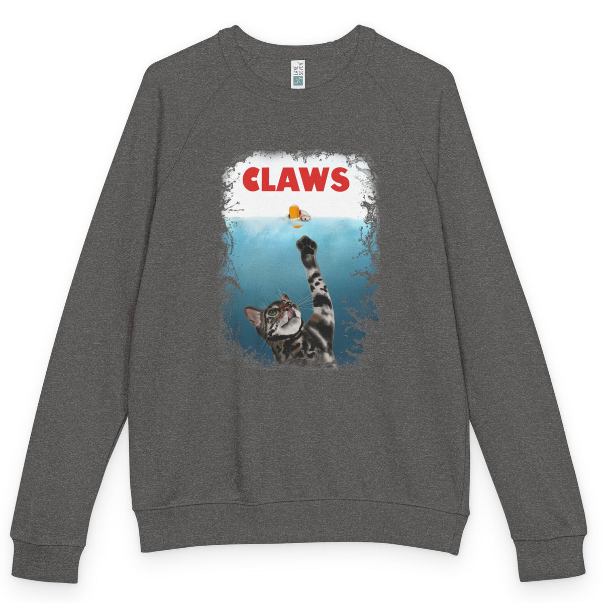 Purrmaid Flounder 'CLAWS' Raglan Crewneck, shown in Charcoal Heather
