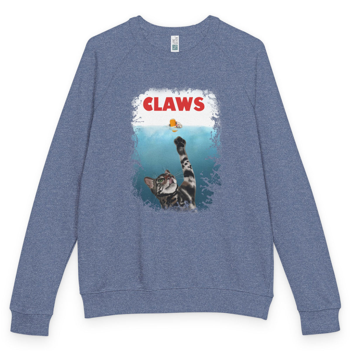 Purrmaid Flounder 'CLAWS' Raglan Crewneck, shown in Heather Denim