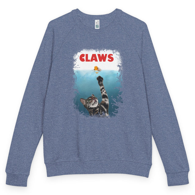 Purrmaid Flounder 'CLAWS' Raglan Crewneck, shown in Heather Denim