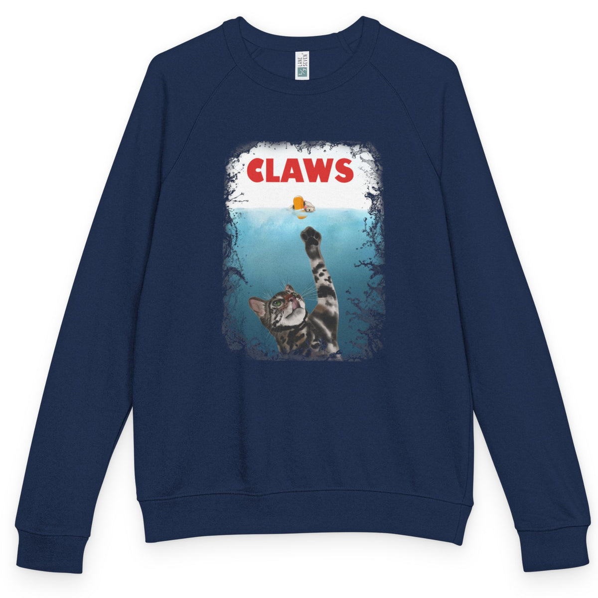 Purrmaid Flounder 'CLAWS' Raglan Crewneck, shown in Navy