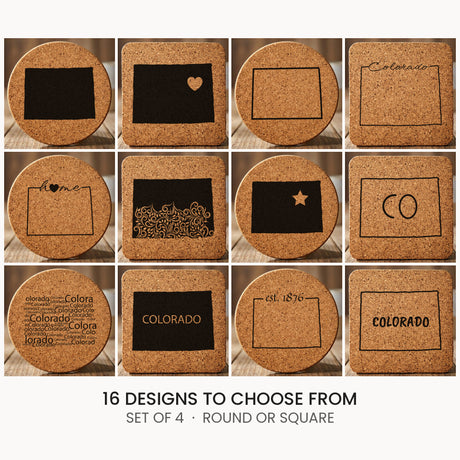 Colorado cork coaster set, laser engraved natural cork
