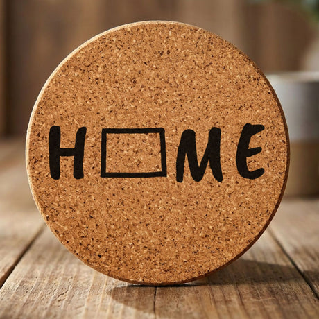 Colorado round cork coaster engraved with HOME using the state outline as the letter O
