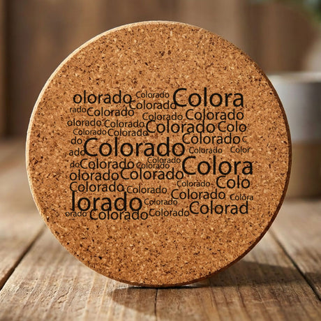 Colorado round cork coaster engraved with a word cloud of repeating Colorado text