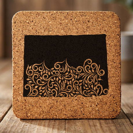 Colorado square cork coaster engraved with the state shape in ornate floral scrollwork