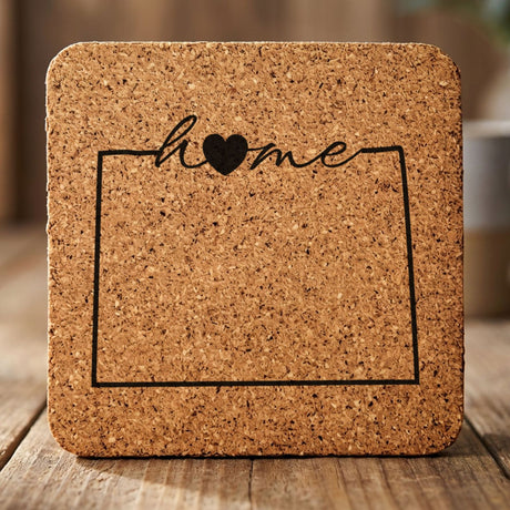 Colorado square cork coaster engraved with the state outline and home in script with a heart