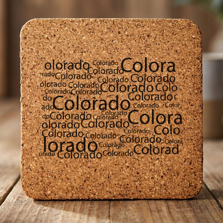 Colorado square cork coaster engraved with a word cloud of repeating Colorado text