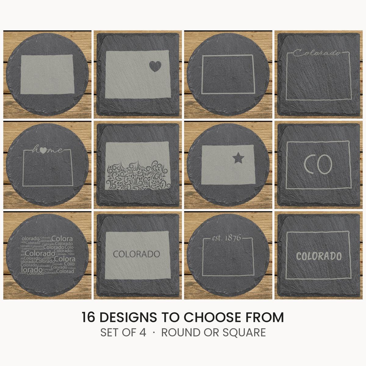 Colorado slate coaster set, laser engraved natural stone