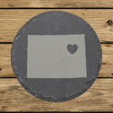 Colorado round slate coaster engraved with the state shape and a heart