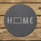 Colorado round slate coaster engraved with HOME using the state outline as the letter O