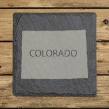 Colorado square slate coaster engraved with the state shape and COLORADO in bold lettering