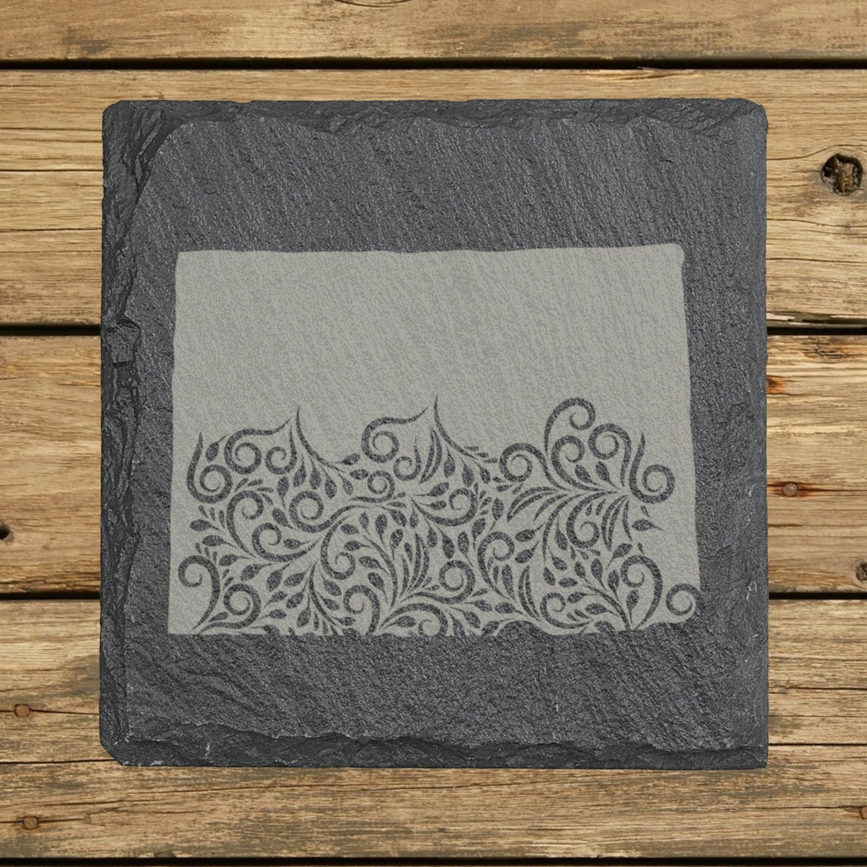 Colorado square slate coaster engraved with the state shape in ornate floral scrollwork