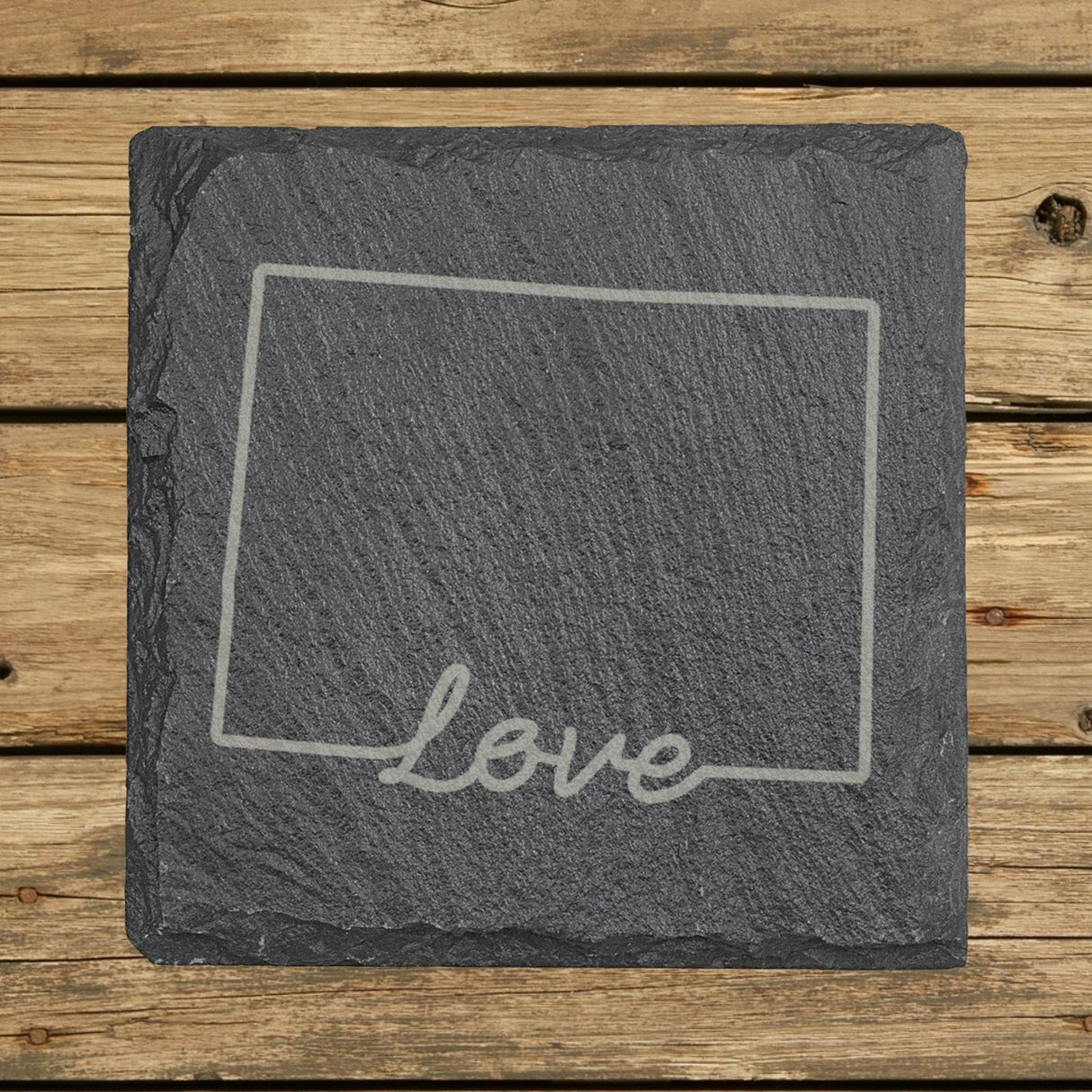 Colorado square slate coaster engraved with a hand-drawn state outline and love in cursive