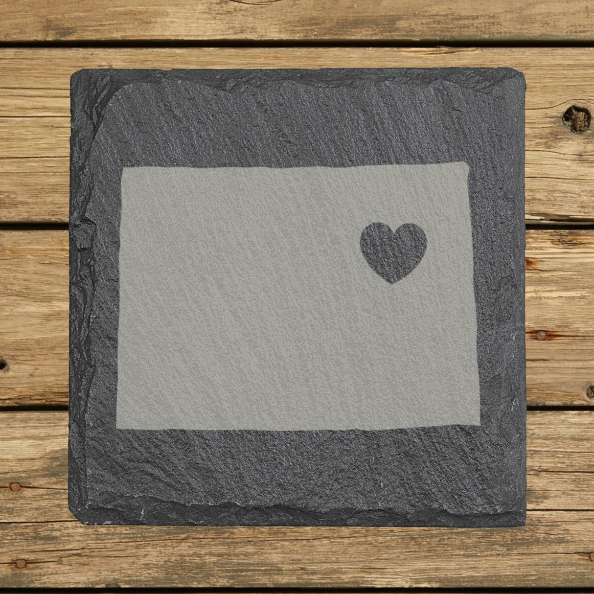 Colorado square slate coaster engraved with the state shape and a heart