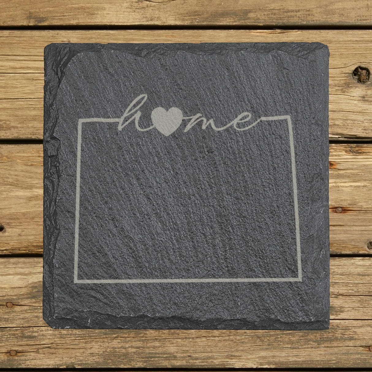 Colorado square slate coaster engraved with the state outline and home in script with a heart
