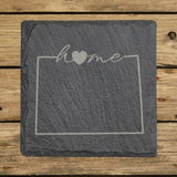 Colorado square slate coaster engraved with the state outline and home in script with a heart