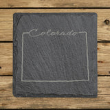 Colorado square slate coaster engraved with the state outline and Colorado in script lettering