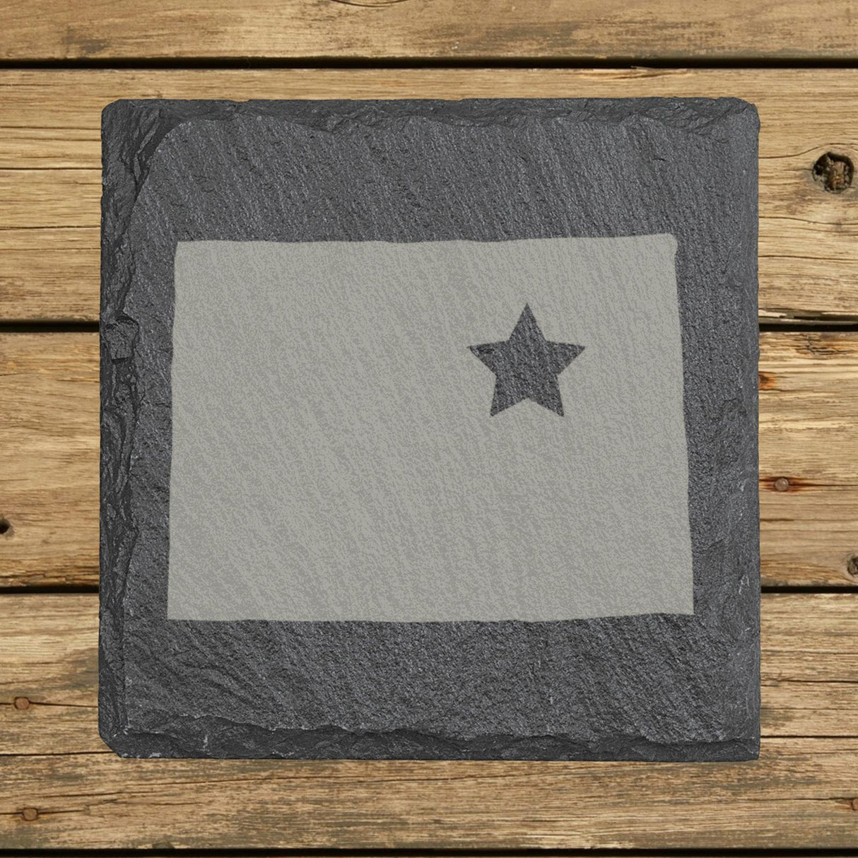 Colorado square slate coaster engraved with the state shape and a star