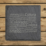 Colorado square slate coaster engraved with a word cloud of repeating Colorado text
