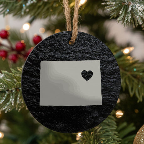 Colorado round slate Christmas ornament engraved with the state shape and a heart