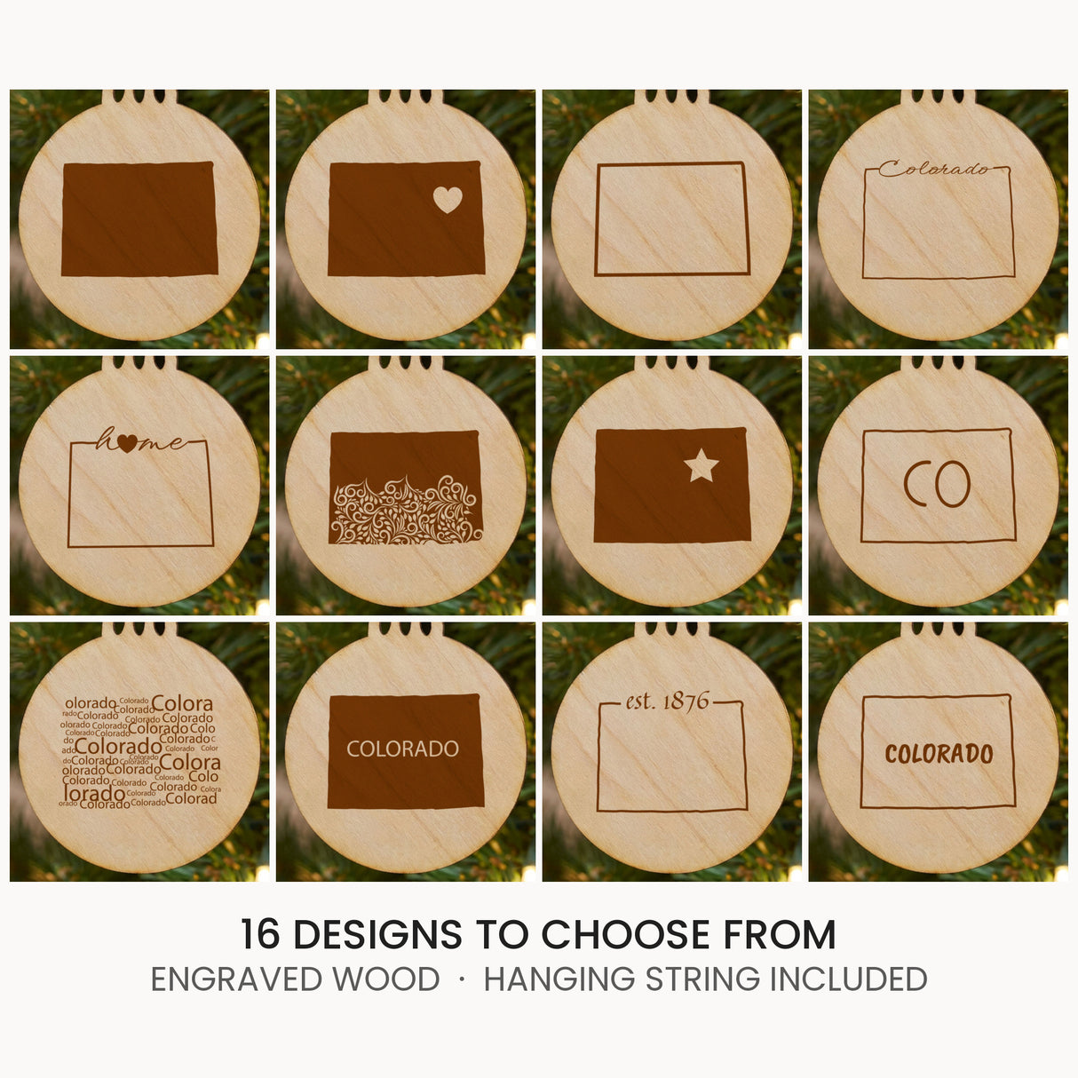 Colorado wood Christmas ornament, laser engraved natural wood