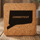 Connecticut square cork coaster engraved with the state shape and CONNECTICUT in bold lettering