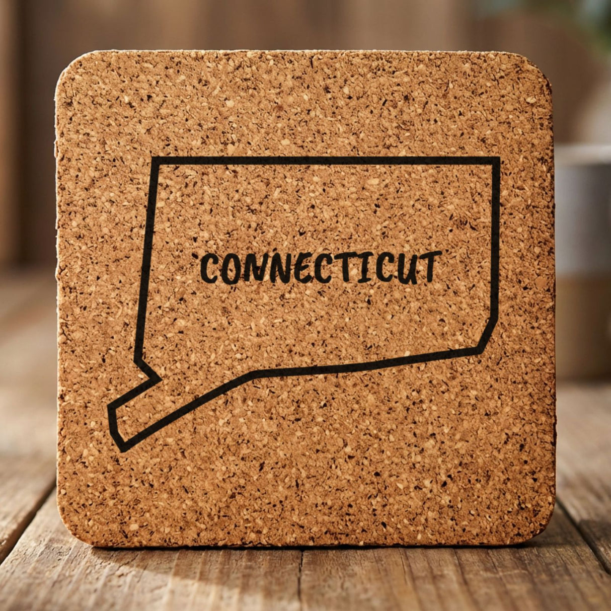 Connecticut square cork coaster engraved with the state outline and CONNECTICUT in hand-drawn brush lettering
