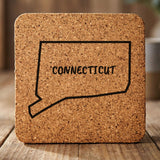 Connecticut square cork coaster engraved with the state outline and CONNECTICUT in hand-drawn brush lettering
