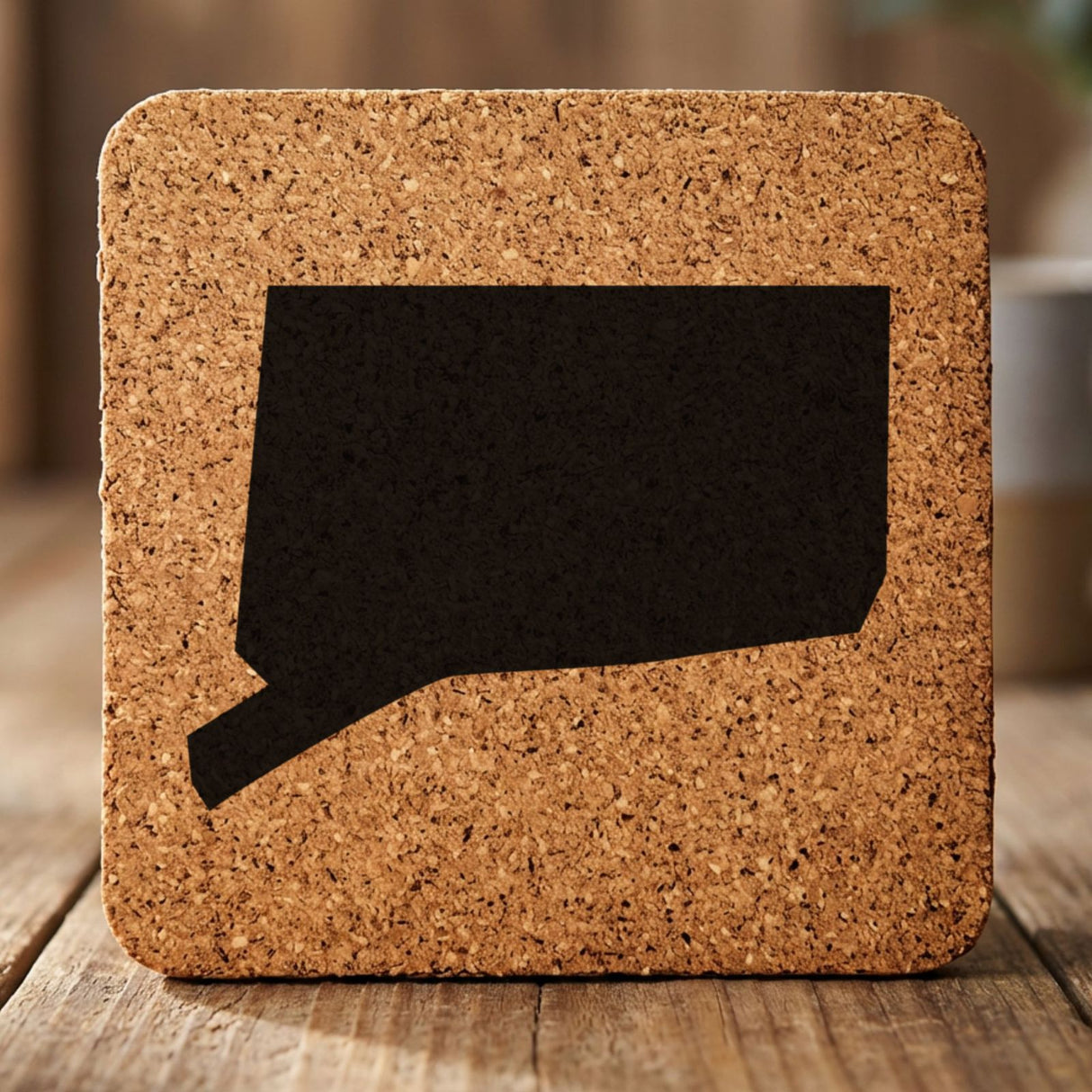 Connecticut square cork coaster with the full state shape engraved