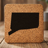 Connecticut square cork coaster with the full state shape engraved