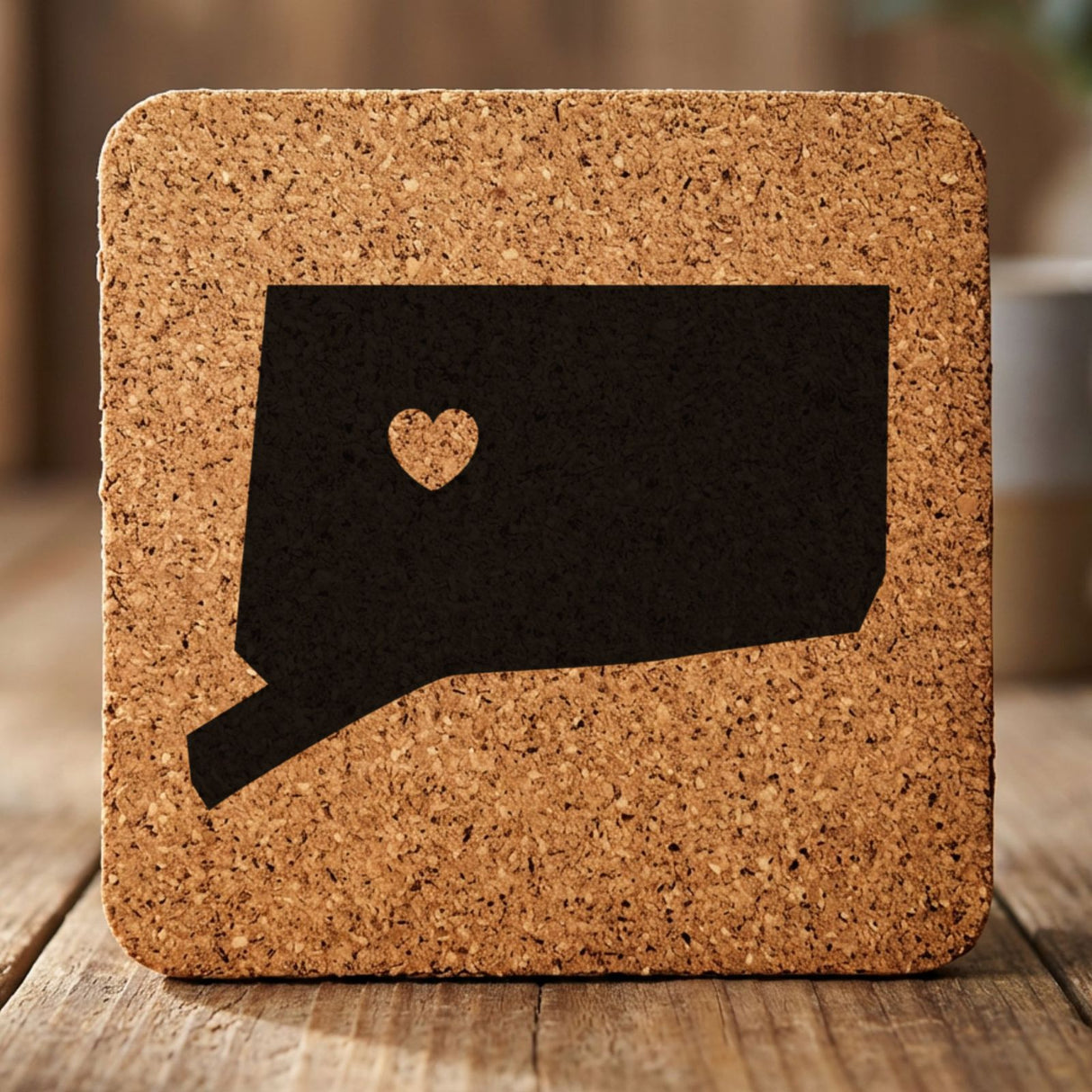 Connecticut square cork coaster engraved with the state shape and a heart