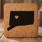 Connecticut square cork coaster engraved with the state shape and a heart