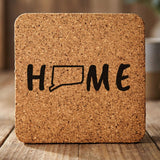 Connecticut square cork coaster engraved with HOME using the state outline as the letter O